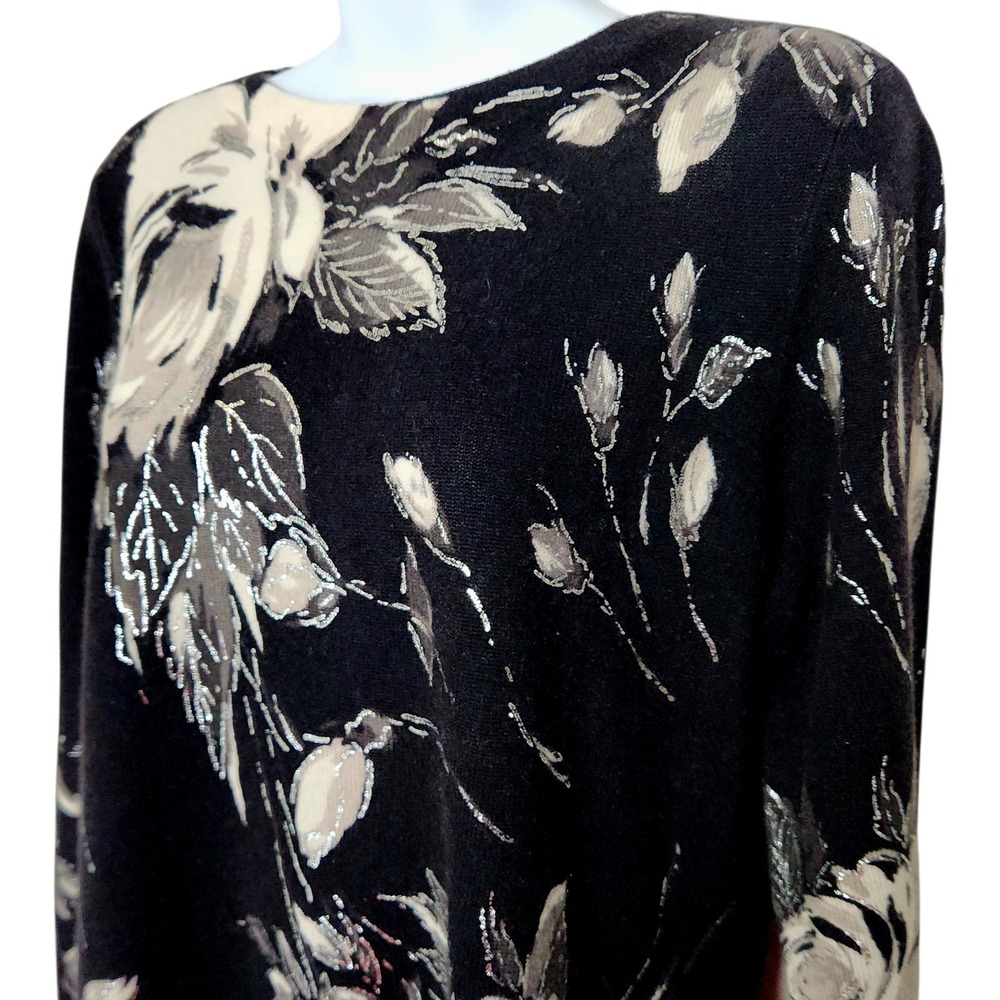 Talbots Pure Cashmere Sweater L Black Floral Metallic Silver Intarsia Luxury